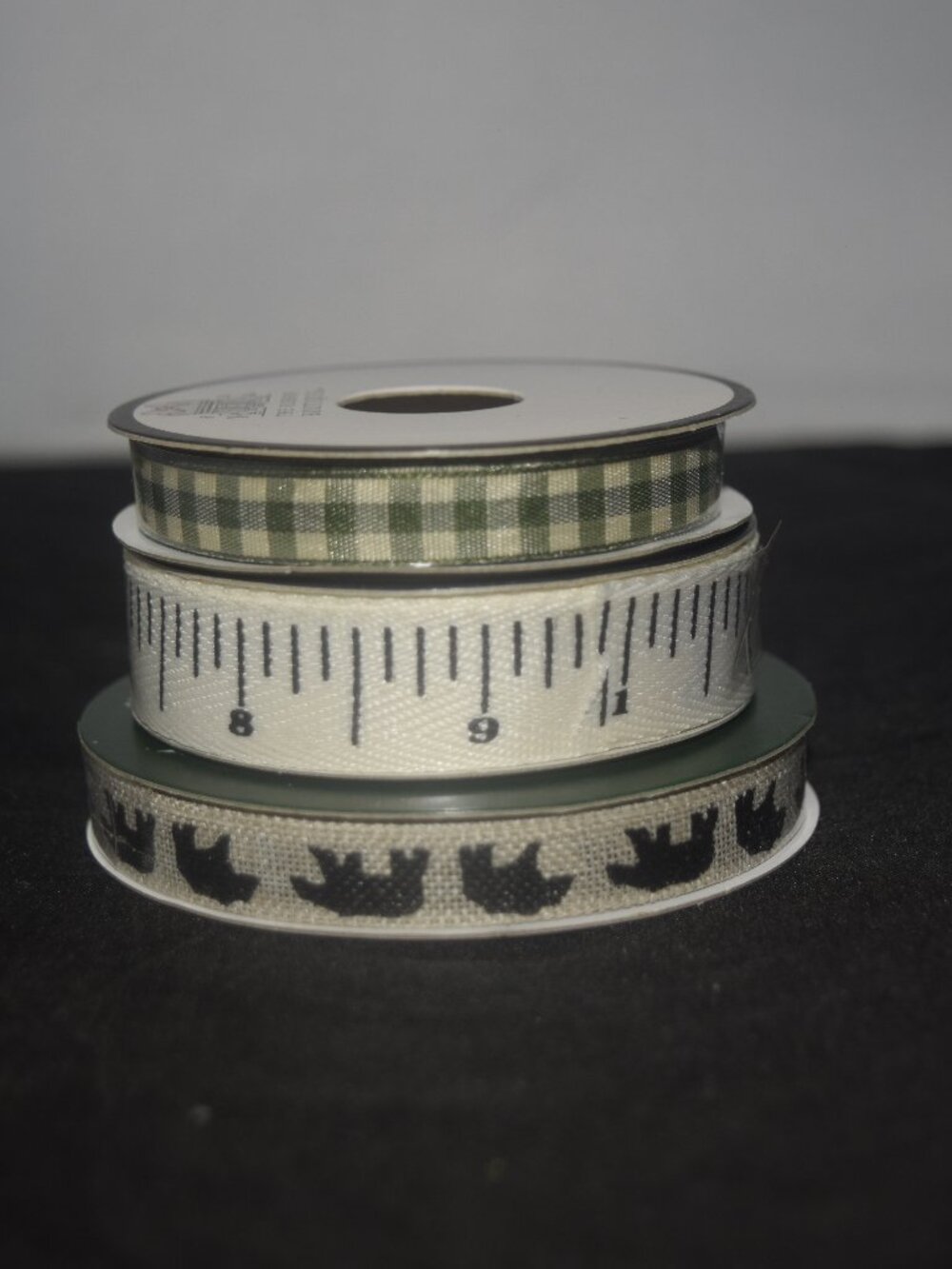 3-Spool Vintage & Woodland Ribbon Lot - Measuring Tape, Gingham & Bears
